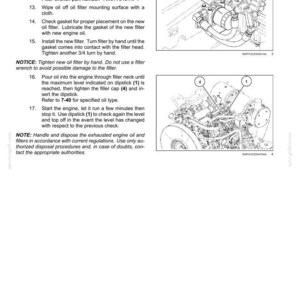 May include: A technical maintenance page titled 7-MAINTENANCE containing numbered instructions for changing an oil filter and engine oil. It features two black and white line drawings of an engine with labeled parts 1, 3, and 4 for reference.
