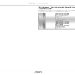May include: A white document with the title "Wire harnesses - Electrical schematic frame 49 - Front axle control/Vistronic fan." The document contains a table listing connectors and their functions, such as "Tractor control unit - TCU CN4 B."