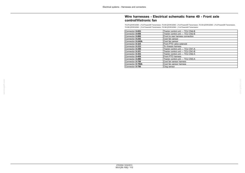 May include: A white document with the title "Wire harnesses - Electrical schematic frame 49 - Front axle control/Vistronic fan." The document contains a table listing connectors and their functions, such as "Tractor control unit - TCU CN4 B."