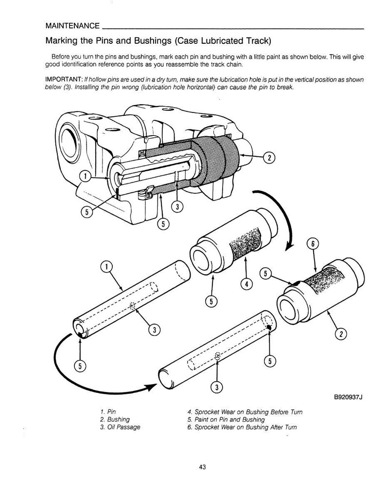 May include: Diagram of a case lubricated track, illustrating the marking of pins and bushings for maintenance. Includes labels for pin, bushing, oil passage, and wear indicators. Text reads "Marking the Pins and Bushings (Case Lubricated Track)".
