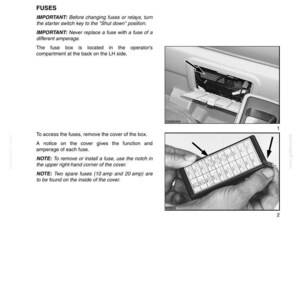 May include: Diagram of a car's electrical system, showing the fuse box and its location. The image includes text explaining fuse replacement and the location of spare fuses. The fuse box is held open, revealing the fuses.