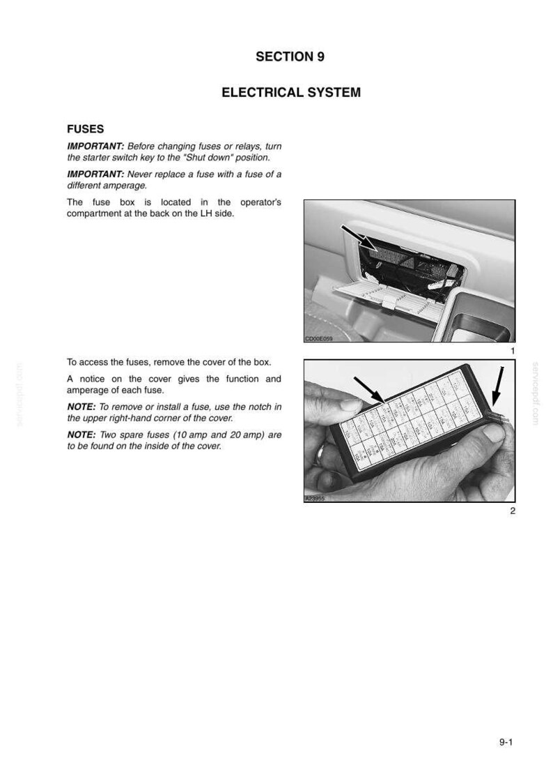 May include: Diagram of a car's electrical system, showing the fuse box and its location. The image includes text explaining fuse replacement and the location of spare fuses. The fuse box is held open, revealing the fuses.