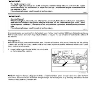 May include: A page from a maintenance manual detailing fuel tank sediment removal. Includes warnings about hot liquid and chemical hazards. A diagram shows the location of the fuel tank drain hose. Text includes instructions and safety precautions.