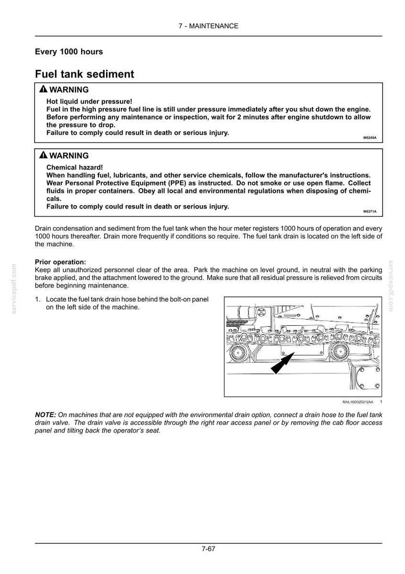 May include: A page from a maintenance manual detailing fuel tank sediment removal. Includes warnings about hot liquid and chemical hazards. A diagram shows the location of the fuel tank drain hose. Text includes instructions and safety precautions.