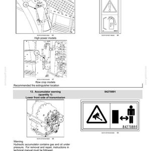 May include: A technical manual page titled 2-SAFETY INFORMATION displaying two safety signs. The first sign shows a fire extinguisher icon with a warning triangle. The second sign depicts a hydraulic accumulator warning with a person icon and text 84270891.