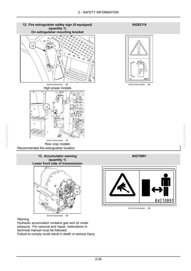 May include: A technical manual page titled 2-SAFETY INFORMATION displaying two safety signs. The first sign shows a fire extinguisher icon with a warning triangle. The second sign depicts a hydraulic accumulator warning with a person icon and text 84270891.