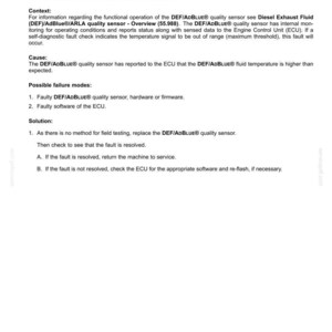 May include: A document titled "Electrical systems - FAULT CODES" with the code 6734 (DTC 1A4E) and a description of a DEF/AdBlue quality sensor internal failure. The document provides context, cause, possible failure modes, and a solution.