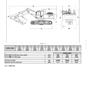 May include: A technical specification document for the E385C BEH excavator, featuring a side and rear view line drawing of the machine. A table provides dimensions in millimeters, including a length of 10650 mm and a working weight of 35500 kg.