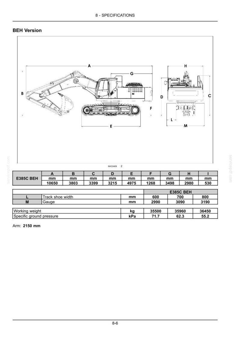 May include: A technical specification document for the E385C BEH excavator, featuring a side and rear view line drawing of the machine. A table provides dimensions in millimeters, including a length of 10650 mm and a working weight of 35500 kg.