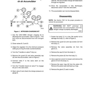 May include: A technical diagram titled "Discharging the Nitrogen Charge on an Accumulator" with a detailed illustration of a nitrogen charging kit. The diagram includes labeled components, instructions, and a warning about disassembly.