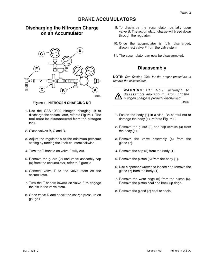 May include: A technical diagram titled "Discharging the Nitrogen Charge on an Accumulator" with a detailed illustration of a nitrogen charging kit. The diagram includes labeled components, instructions, and a warning about disassembly.