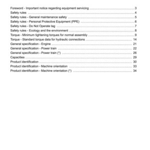 May include: A page from a manual titled "Contents" with the heading "INTRODUCTION." The table of contents lists topics including safety rules, torque specifications, and product identification. The document includes a date and model information.
