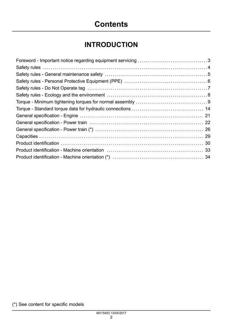 May include: A page from a manual titled "Contents" with the heading "INTRODUCTION." The table of contents lists topics including safety rules, torque specifications, and product identification. The document includes a date and model information.