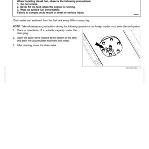 May include: A page from a maintenance manual detailing fuel tank drain procedures. The text includes safety warnings about fire hazards and instructions for draining water and sediment. An illustration shows the drain valve.