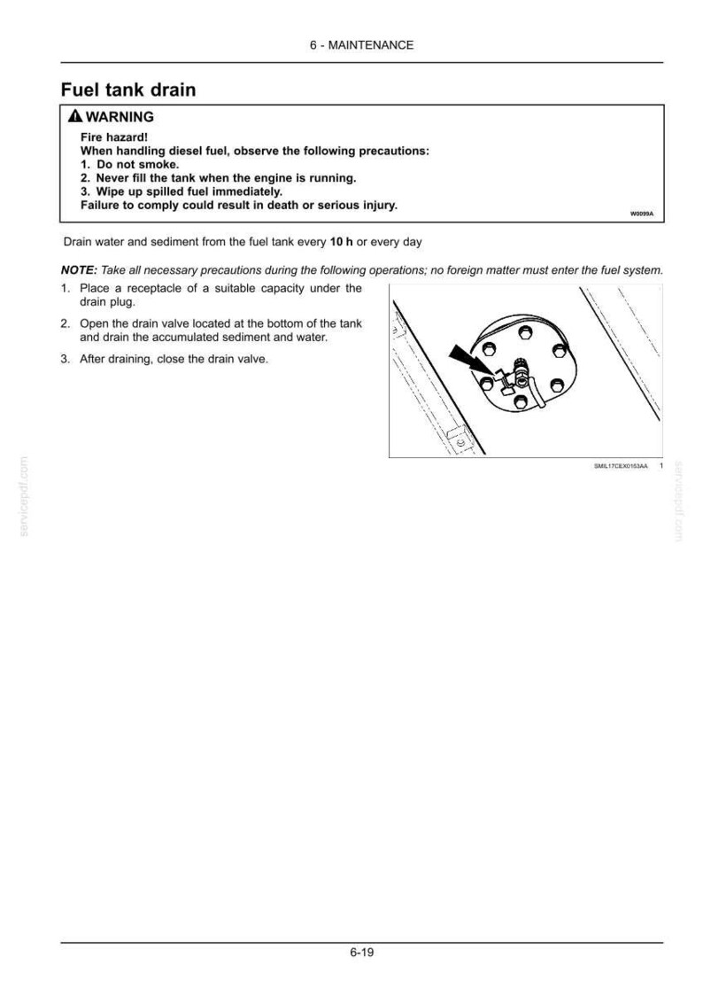 May include: A page from a maintenance manual detailing fuel tank drain procedures. The text includes safety warnings about fire hazards and instructions for draining water and sediment. An illustration shows the drain valve.