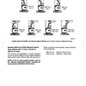 May include: A technical diagram titled Controls, Instruments, and Operation showing seven wheel positions for models 3830 and 4330V. It displays track widths ranging from 792 mm (31 inches) to 1190 mm (46-1/2 inches) for 11.2-24, 12.4-24, or 380/70-24 tyres.