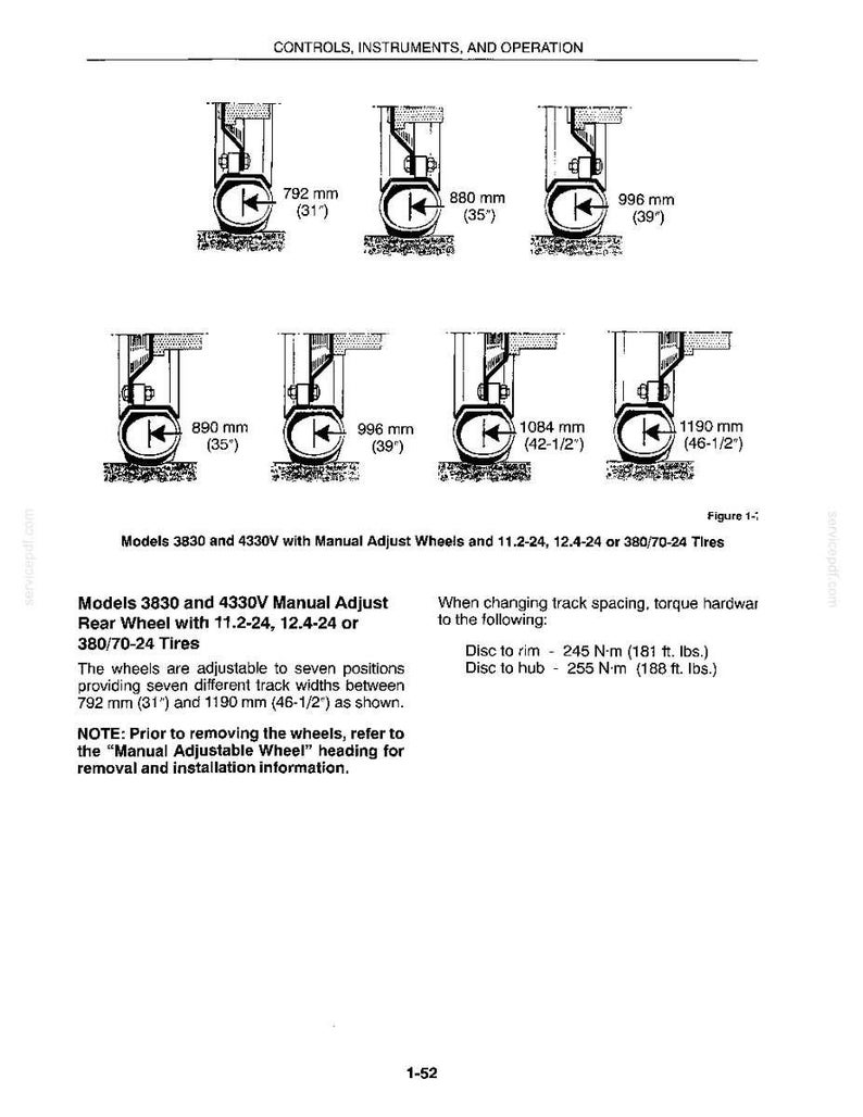 May include: A technical diagram titled Controls, Instruments, and Operation showing seven wheel positions for models 3830 and 4330V. It displays track widths ranging from 792 mm (31 inches) to 1190 mm (46-1/2 inches) for 11.2-24, 12.4-24, or 380/70-24 tyres.