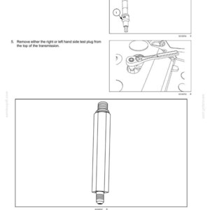 Pu&ograve; includere: Schema di un sistema di trasmissione idrostatica con istruzioni. Include immagini di una chiave inglese che rimuove i tappi e un raccordo di prova. Il testo include "Test fitting 380003307".