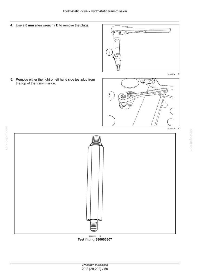 Pu&ograve; includere: Schema di un sistema di trasmissione idrostatica con istruzioni. Include immagini di una chiave inglese che rimuove i tappi e un raccordo di prova. Il testo include "Test fitting 380003307".