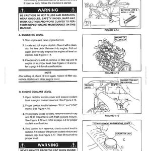 May include: A technical manual page titled Section IV - MAINTENANCE, detailing pre-start inspection procedures for engine oil and coolant levels. It includes black and white line drawings of engine components, dipsticks, filler caps, and reservoirs.