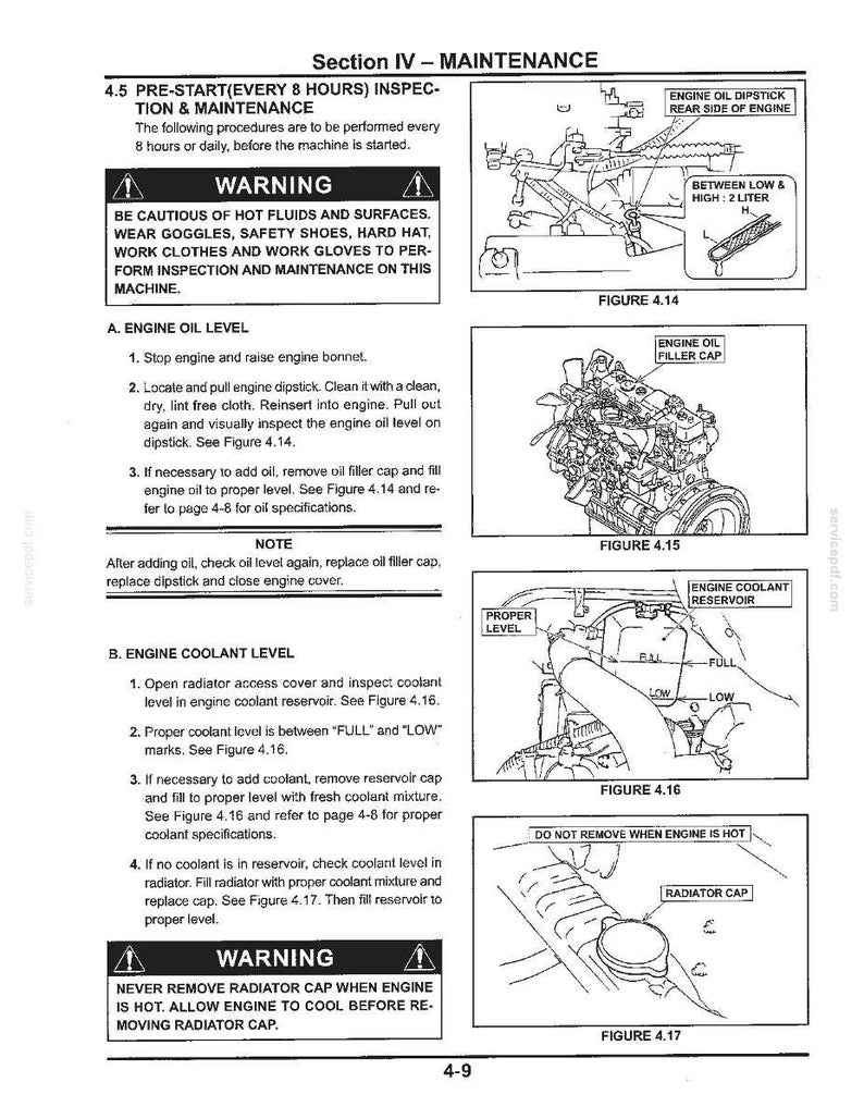 May include: A technical manual page titled Section IV - MAINTENANCE, detailing pre-start inspection procedures for engine oil and coolant levels. It includes black and white line drawings of engine components, dipsticks, filler caps, and reservoirs.