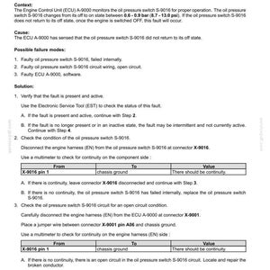 May include: A document detailing fault codes for electrical systems, specifically DTC 238-03, related to oil pressure switch activation when the engine is off. Includes troubleshooting steps, possible failure modes, and diagnostic procedures for automotive repair.