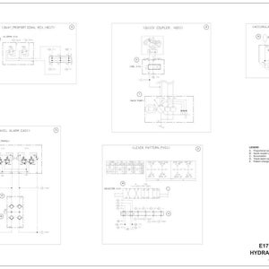 May include: A white schematic diagram of an E17C excavator hydraulic system. The diagram includes several smaller schematics labeled with titles such as "12V Prop. Sol. HECU" and "Travel Alarm (EACU)". A legend is included.