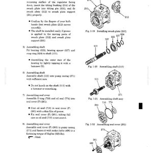 May include: A technical manual page featuring black and white line drawings and instructions for assembling a hydraulic pump. The diagrams illustrate components like the swash plate, shaft, bearing, seal cover, and bolts, labeled with reference numbers.