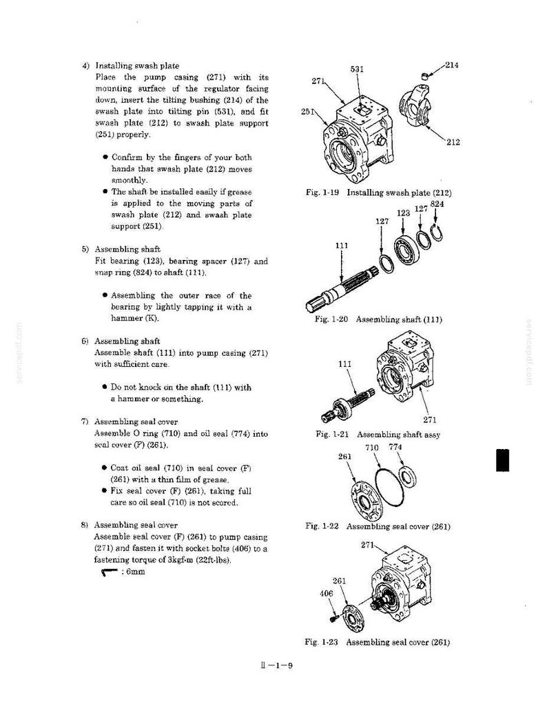 May include: A technical manual page featuring black and white line drawings and instructions for assembling a hydraulic pump. The diagrams illustrate components like the swash plate, shaft, bearing, seal cover, and bolts, labeled with reference numbers.