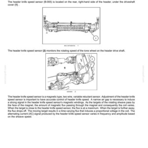 May include: Diagram of a header knife speed sensor, a component of electrical systems for chopping and cutting control. The image includes detailed illustrations and technical annotations, with labels and callouts for specific parts.
