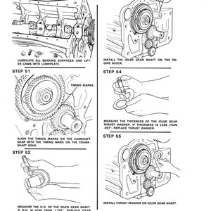May include: Black and white technical illustration of engine assembly steps. Includes diagrams for lubricating parts, aligning gears, and measuring components. Text includes "Timing Marks" and measurements in inches.