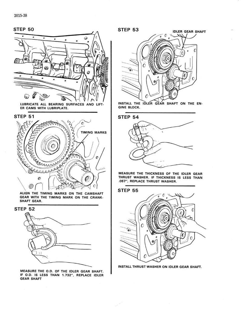 May include: Black and white technical illustration of engine assembly steps. Includes diagrams for lubricating parts, aligning gears, and measuring components. Text includes "Timing Marks" and measurements in inches.