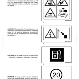 May include: A technical document page titled SECTION 1 - GENERAL INFORMATION AND SAFETY. It displays four safety labels: a grid of four hazard icons, an electrical powerline warning, a diesel fuel symbol, and a circular speed limit sign with 20.