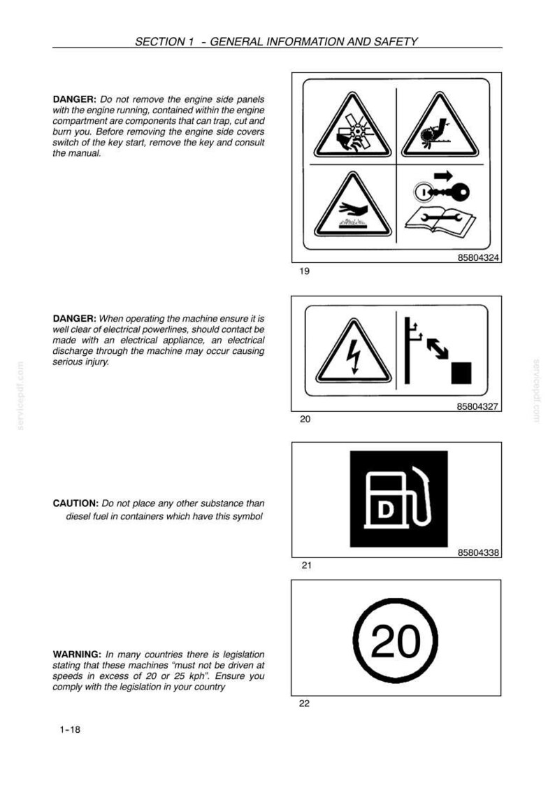 May include: A technical document page titled SECTION 1 - GENERAL INFORMATION AND SAFETY. It displays four safety labels: a grid of four hazard icons, an electrical powerline warning, a diesel fuel symbol, and a circular speed limit sign with 20.