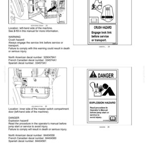 May include: A technical manual page titled 2-SAFETY INFORMATION featuring two safety decals. One shows a crush hazard warning with a lock link diagram, and the other shows an explosion hazard warning with a battery jump start illustration.