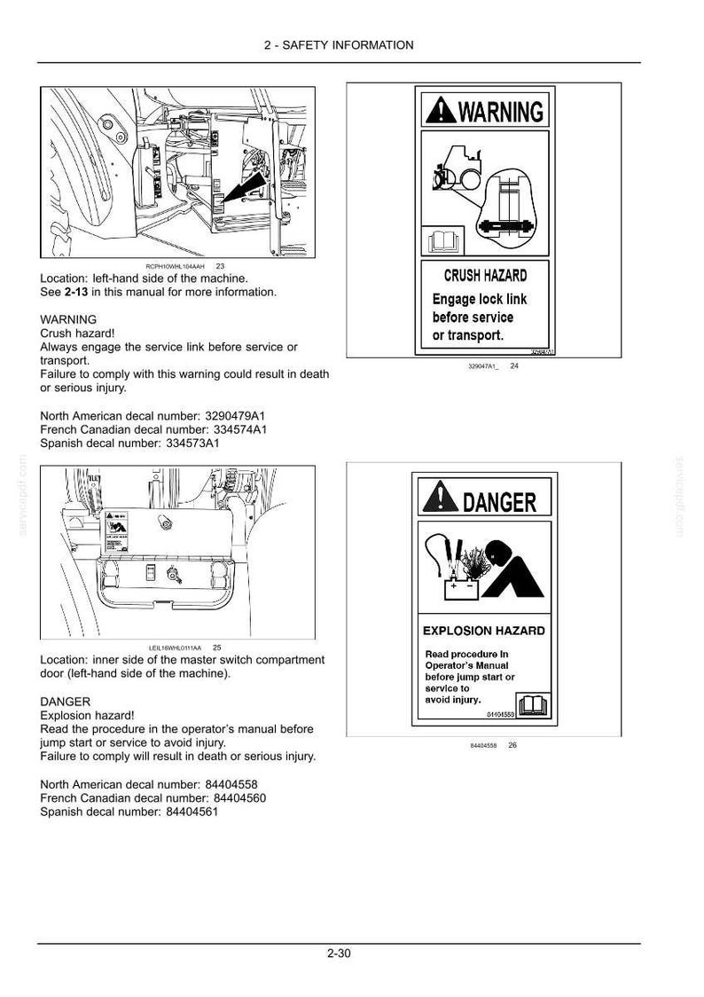 May include: A technical manual page titled 2-SAFETY INFORMATION featuring two safety decals. One shows a crush hazard warning with a lock link diagram, and the other shows an explosion hazard warning with a battery jump start illustration.