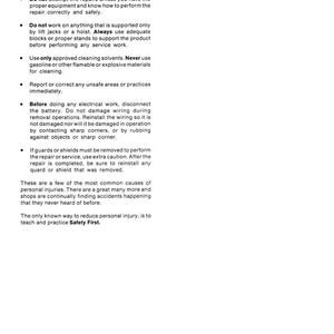 K&ouml;nnte beinhalten: Wei&szlig; bedruckte Seite mit Sicherheitshinweisen. Der Text enth&auml;lt Warnungen zu Hydraulikzylindern, Reifenreparaturen und Elektroarbeiten. Der Satz &bdquo;Safety First&ldquo; wird hervorgehoben. Gedruckt in den USA.