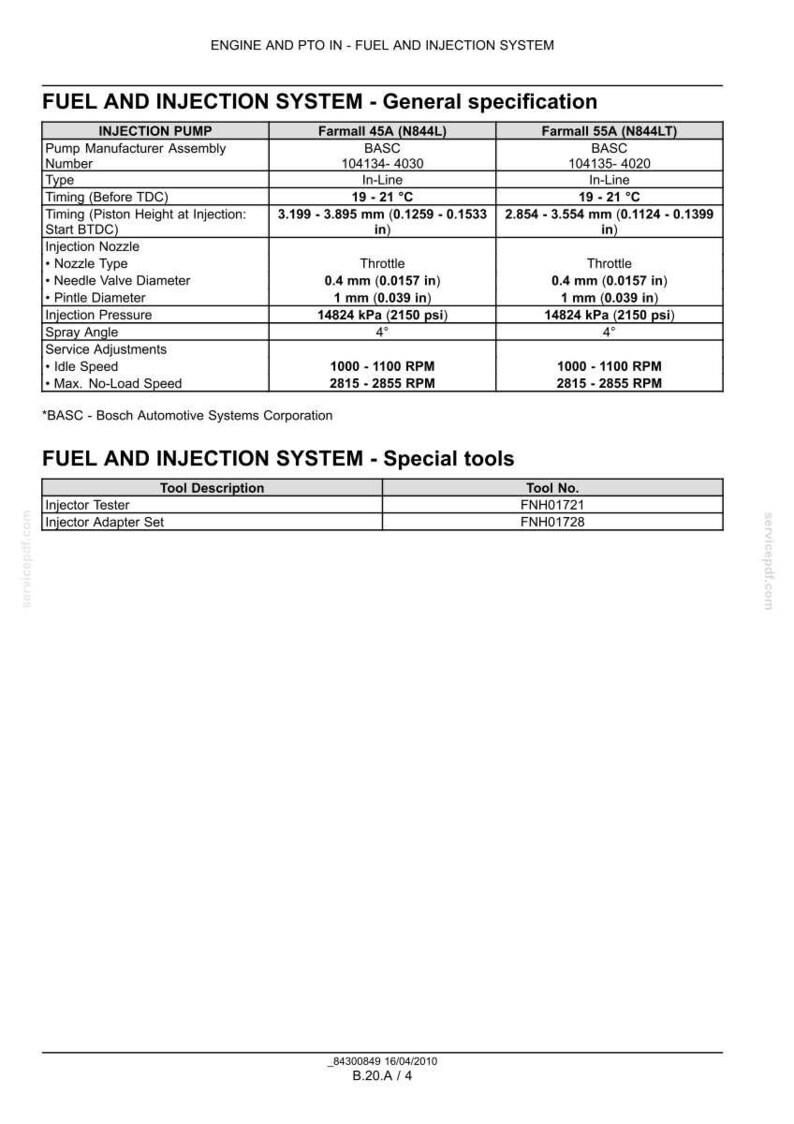 May include: A detailed technical document with specifications for fuel and injection systems, including pump details, timing, and pressure. Features data for Farmall 45A and 55A models, with measurements in inches and psi.