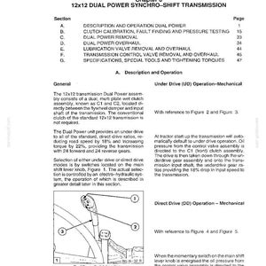 May include: A technical manual page detailing the 12x12 Dual Power Synchro-Shift Transmission. The page includes sections on operation, removal, and overhaul, with diagrams of the dual power switch location and mechanical operations. The text is in black and white.