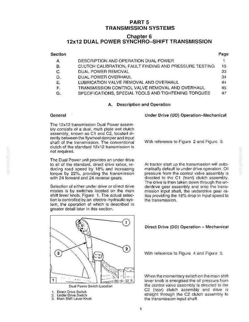 May include: A technical manual page detailing the 12x12 Dual Power Synchro-Shift Transmission. The page includes sections on operation, removal, and overhaul, with diagrams of the dual power switch location and mechanical operations. The text is in black and white.