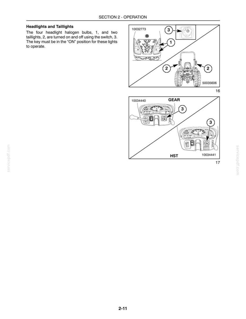 Puede incluir: Una p&aacute;gina de manual t&eacute;cnico titulada SECTION 2 - OPERATION, Headlights and Taillights. Incluye diagramas de un tractor, mostrando bombillas de faros etiquetadas 1, luces traseras 2 y un interruptor de luz 3 para modelos GEAR y HST.
