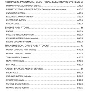 Pu&ograve; includere: Una pagina di manuale con il titolo 'Sommario'. Elenca sistemi idraulici, pneumatici, elettrici ed elettronici, oltre a componenti di motore, trasmissione e freni, con numeri di pagina.
