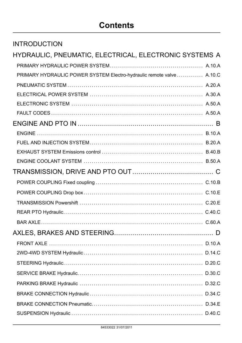 Pu&ograve; includere: Una pagina di manuale con il titolo 'Sommario'. Elenca sistemi idraulici, pneumatici, elettrici ed elettronici, oltre a componenti di motore, trasmissione e freni, con numeri di pagina.