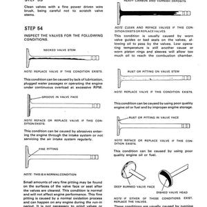 May include: An automotive repair manual page titled "Valves and Valve Seats Inspection." It features diagrams of valve components with descriptions of potential issues like rust, pitting, and carbon deposits.