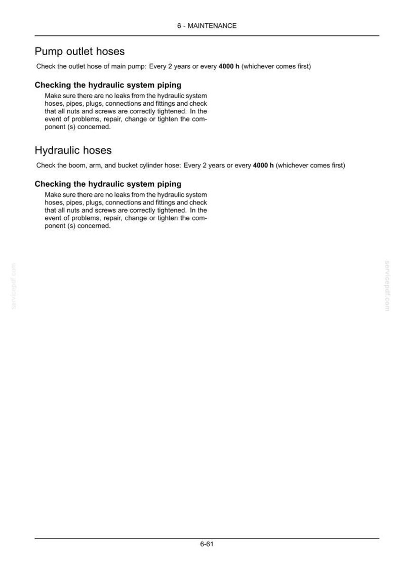 May include: A page from a maintenance manual with the title "6 - MAINTENANCE." The text details checks for pump outlet hoses and hydraulic system piping, including inspection intervals and potential issues.