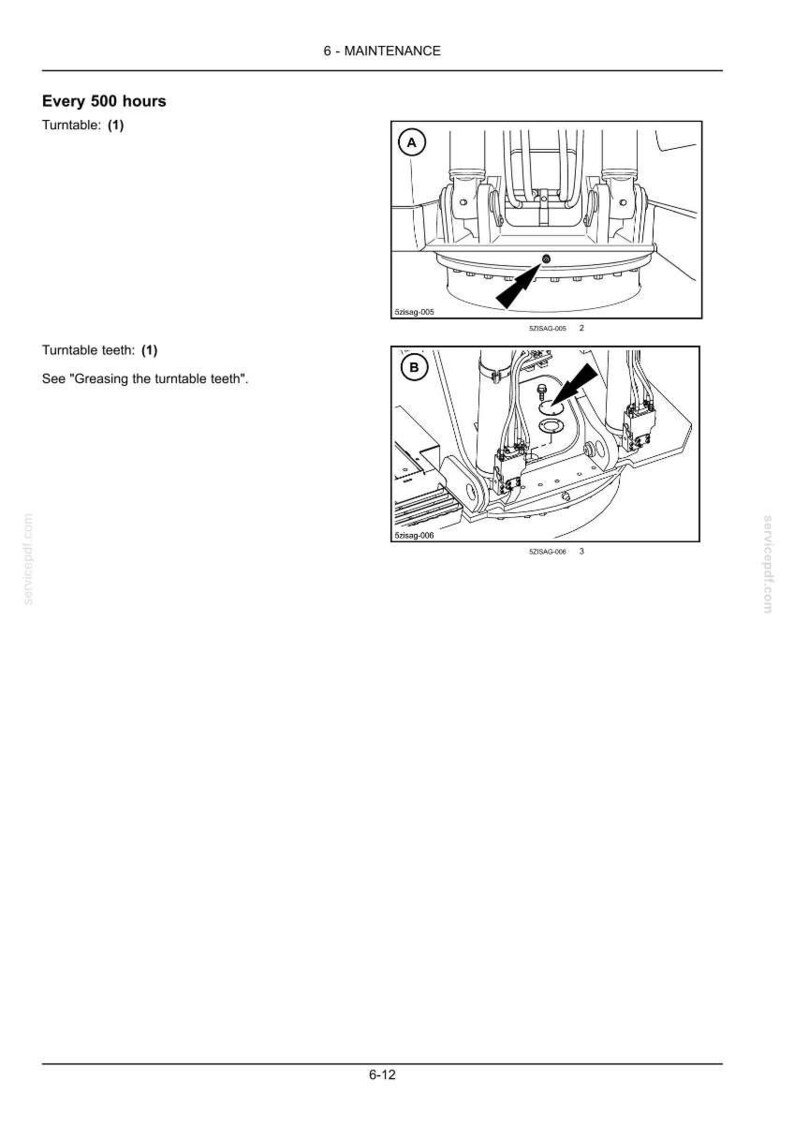 May include: Diagram of maintenance instructions for a turntable. The image shows two detailed diagrams with arrows pointing to specific parts. Text includes "Every 500 hours" and "Greasing the turntable teeth."