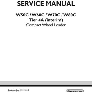 May include: A white service manual with black text. The title "SERVICE MANUAL" is at the top, followed by model numbers and "Compact Wheel Loader." The New Holland Construction logo is in the bottom right.