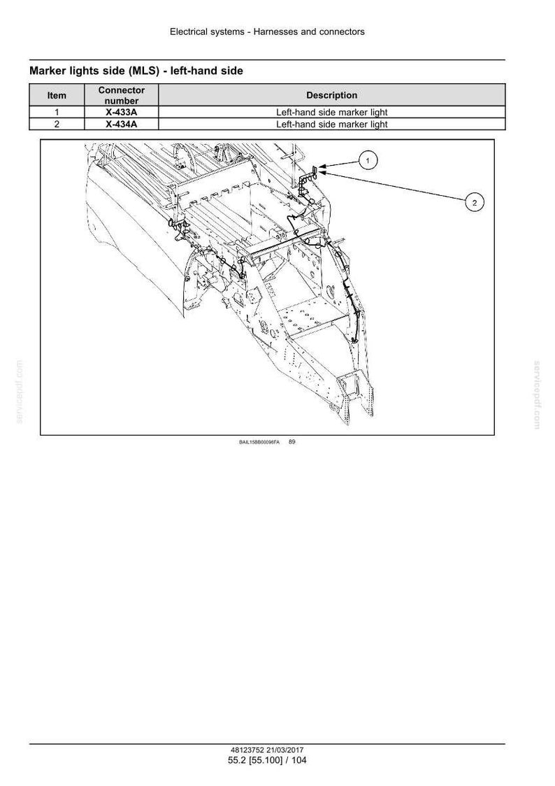 May include: Diagram of electrical systems, harnesses, and connectors. The image shows a detailed view of the left-hand side marker lights (MLS). Includes connector numbers X-433A and X-434A.