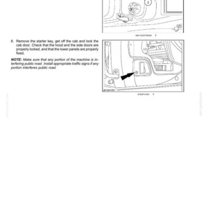 May include: Diagram from an operating manual showing instructions for a vehicle. The image includes illustrations of the vehicle's interior and exterior, with numbered steps and notes. The text includes instructions on turning the starter key and locking the cab door.