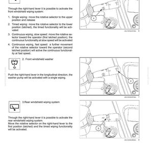 May include: Diagram of a right-hand lever with numbered instructions for controlling a vehicle's windshield wipers and washer. Includes illustrations of the front windshield wiping system, front windshield washer, and rear windshield wiping system.